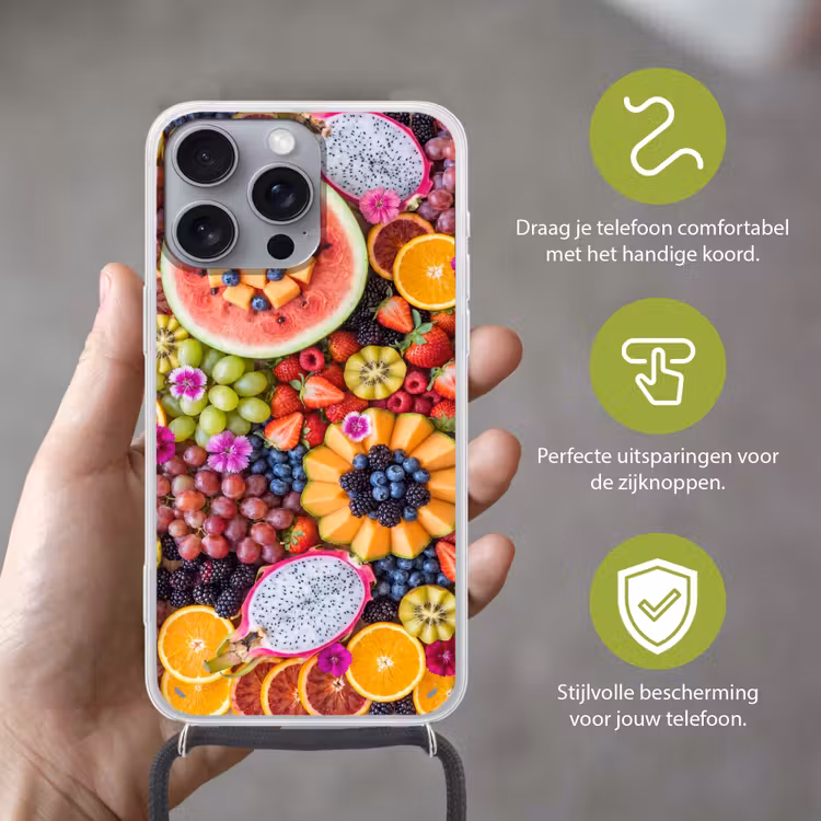 Fruit - Vers - Variatie - Eten - Kleurrijk Hoesje iPhone 16 Pro Max met koord klein -sfeer2_NL