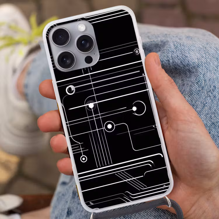 Gaming - Abstract - Lijnen - Rondjes - Zwart Hoesje iPhone 16 Pro Max met koord klein -sfeer3