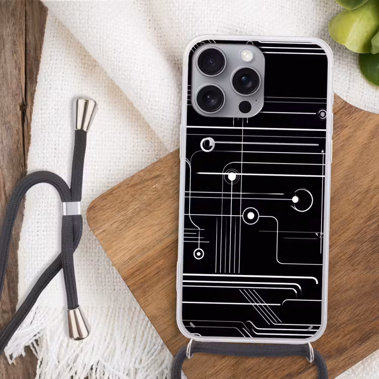 Gaming - Abstract - Lijnen - Rondjes - Zwart Hoesje iPhone 16 Pro Max met koord klein -sfeer4