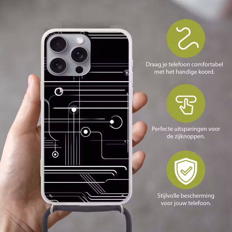 Gaming - Abstract - Lijnen - Rondjes - Zwart Hoesje iPhone 16 Pro Max met koord klein -sfeer2_NL