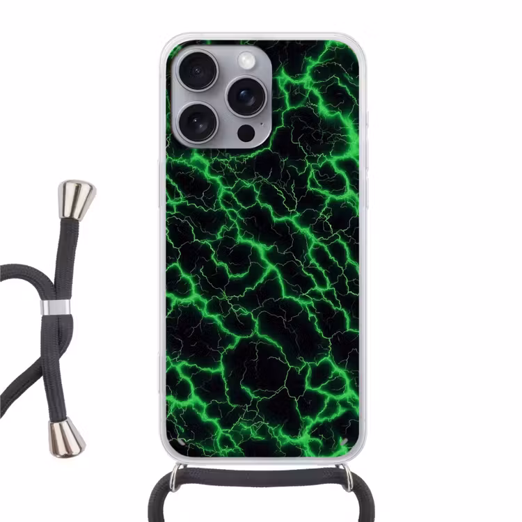 Gaming - Bliksemflitsen - Groen - Energie Hoesje iPhone 16 Pro Max met koord klein -3d