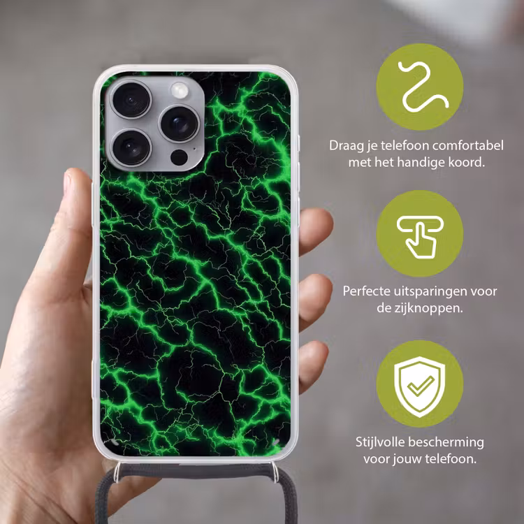 Gaming - Bliksemflitsen - Groen - Energie Hoesje iPhone 16 Pro Max met koord klein -sfeer2_NL