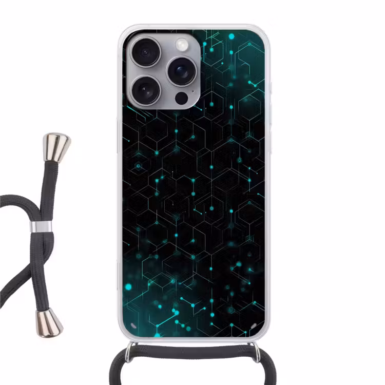Gaming - Netwerk - Blauw - Punten - Patroon Hoesje iPhone 16 Pro Max met koord klein -3d