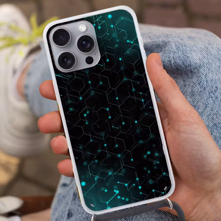 Gaming - Netwerk - Blauw - Punten - Patroon Hoesje iPhone 16 Pro Max met koord klein -sfeer3