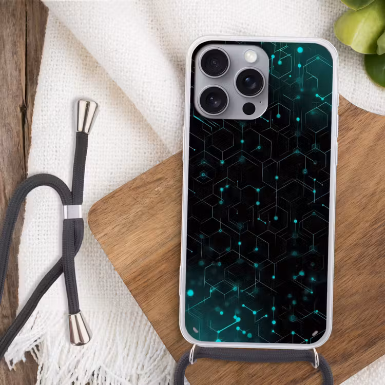 Gaming - Netwerk - Blauw - Punten - Patroon Hoesje iPhone 16 Pro Max met koord klein -sfeer4