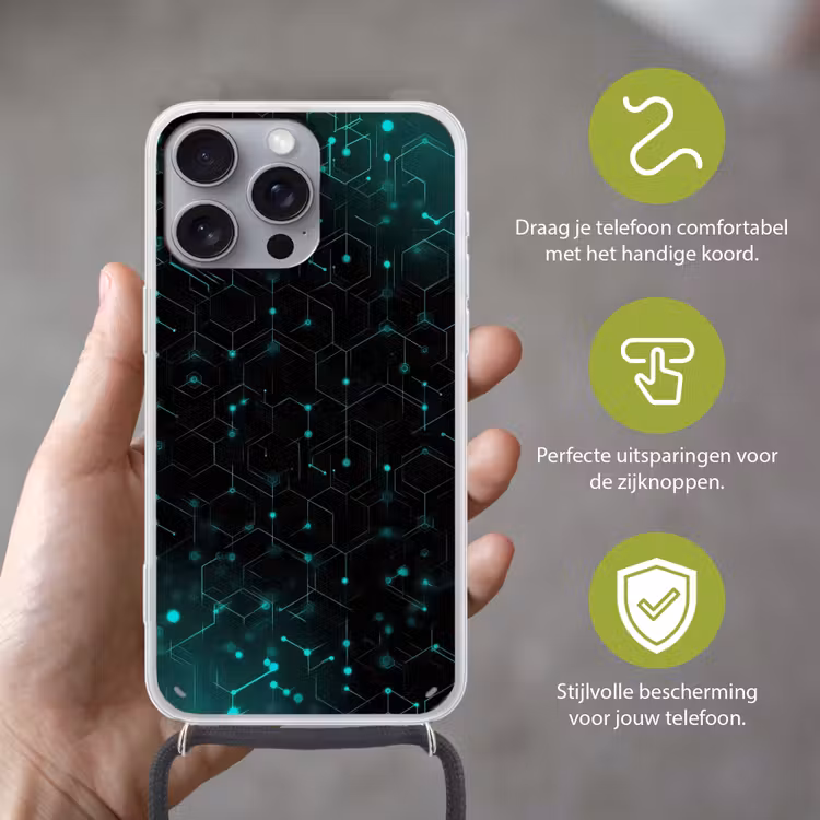 Gaming - Netwerk - Blauw - Punten - Patroon Hoesje iPhone 16 Pro Max met koord klein -sfeer2_NL