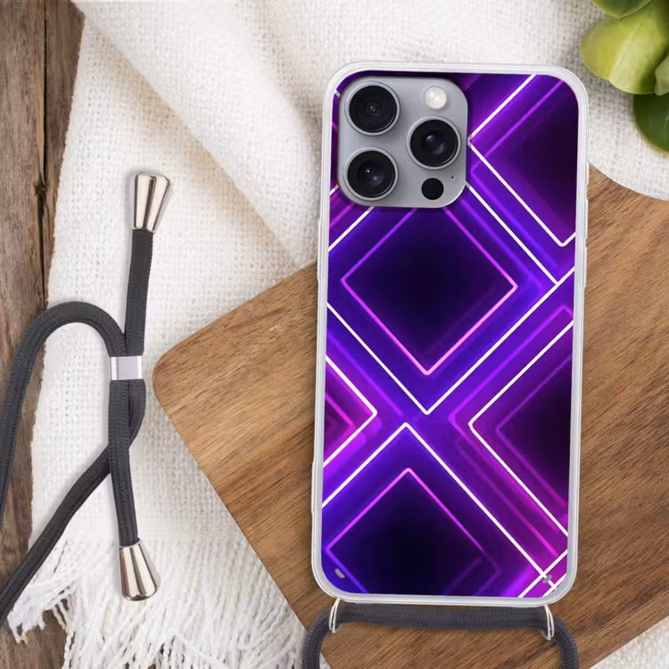 Gaming - Ruiten - Neon - Paars Hoesje iPhone 16 Pro Max met koord klein -sfeer4