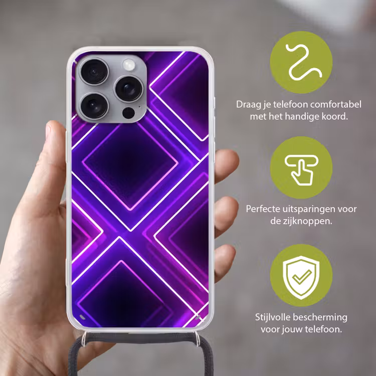 Gaming - Ruiten - Neon - Paars Hoesje iPhone 16 Pro Max met koord klein -sfeer2_NL