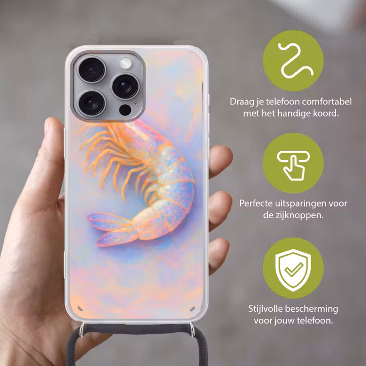 Garnaal - Subtiele structuur - Blauw - Roze Hoesje iPhone 16 Pro Max met koord klein -sfeer2_NL
