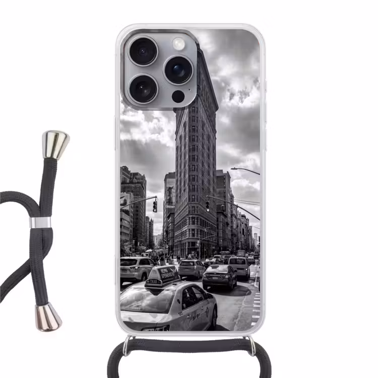Gebouw - Hoogbouw - Stad - Architectuur - Zwart-wit Hoesje iPhone 16 Pro Max met koord klein -3d
