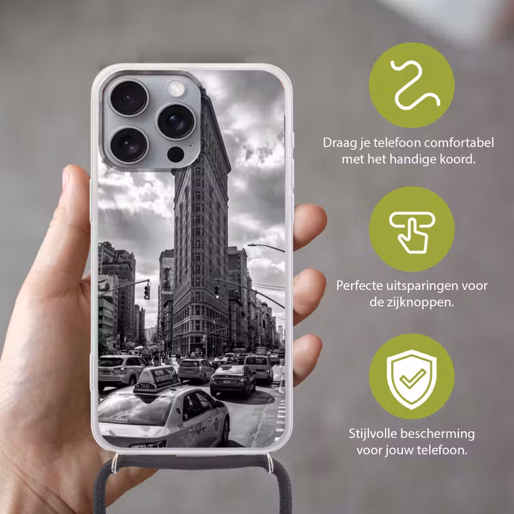 Gebouw - Hoogbouw - Stad - Architectuur - Zwart-wit Hoesje iPhone 16 Pro Max met koord klein -sfeer2_NL
