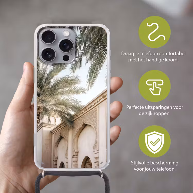 Gebouw - Palmbomen - Beige - Zon Hoesje iPhone 16 Pro Max met koord klein -sfeer2_NL