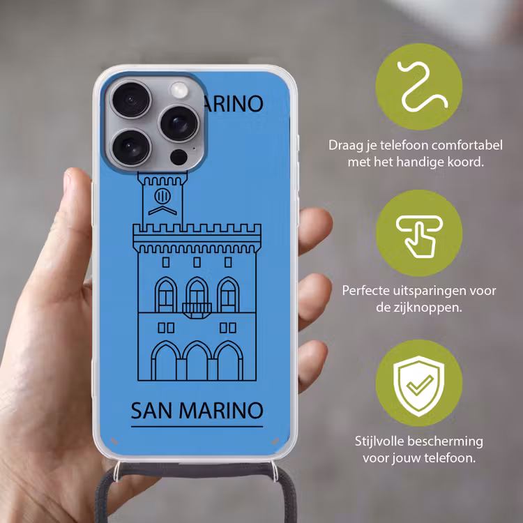 Gebouw - San Marino - Architectuur - Lijntekening - Blauw Hoesje iPhone 16 Pro Max met koord klein -sfeer2_NL