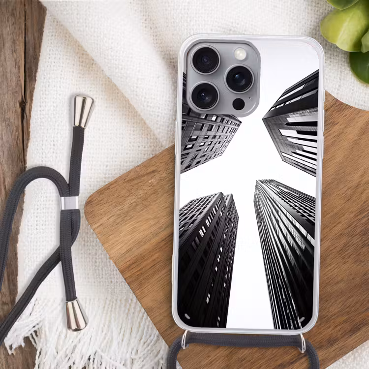 Gebouwen - Lucht - Zwart Hoesje iPhone 16 Pro Max met koord klein -sfeer4