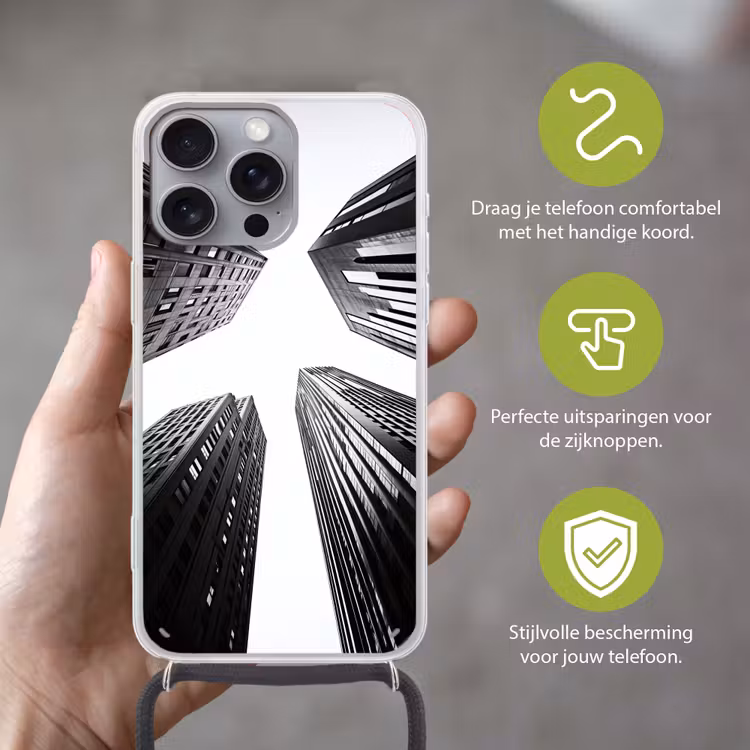Gebouwen - Lucht - Zwart Hoesje iPhone 16 Pro Max met koord klein -sfeer2_NL