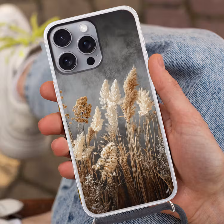 Gedroogde Veldbloemen - Grijs - Beton Hoesje iPhone 16 Pro Max met koord klein -sfeer3