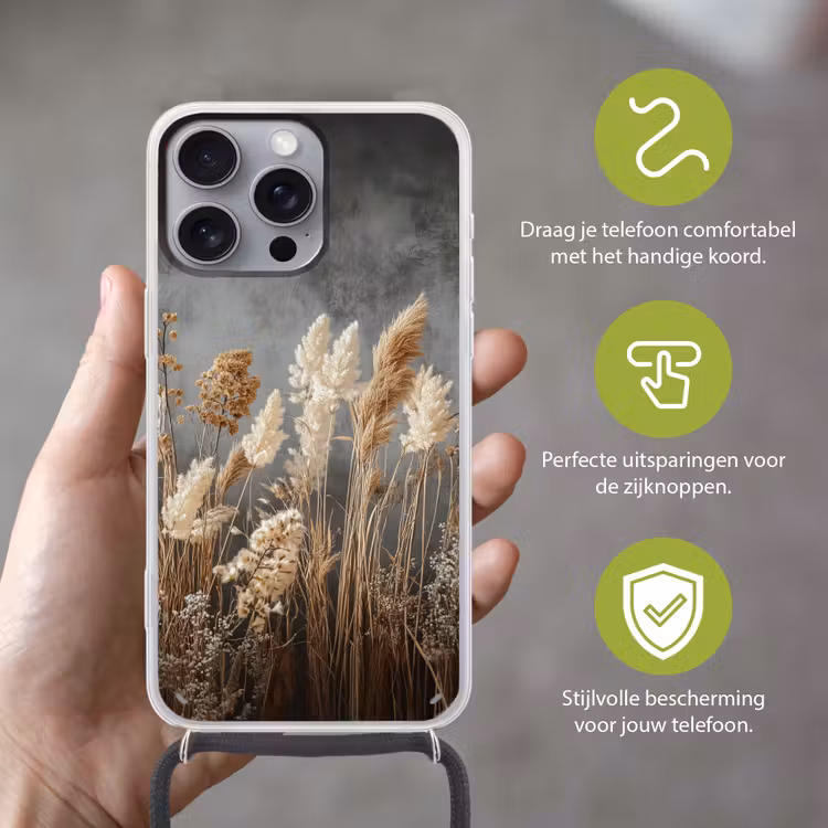 Gedroogde Veldbloemen - Grijs - Beton Hoesje iPhone 16 Pro Max met koord klein -sfeer2_NL