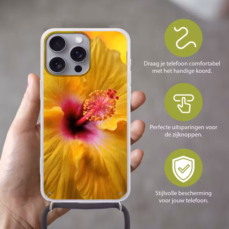 Geel - Hibiscus - Tropisch Hoesje iPhone 16 Pro Max met koord klein -sfeer2_NL