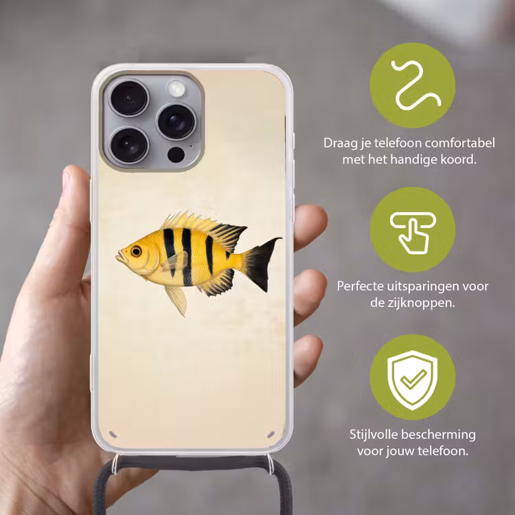 Geel - Vis - Strepen - Tropisch Hoesje iPhone 16 Pro Max met koord klein -sfeer2_NL