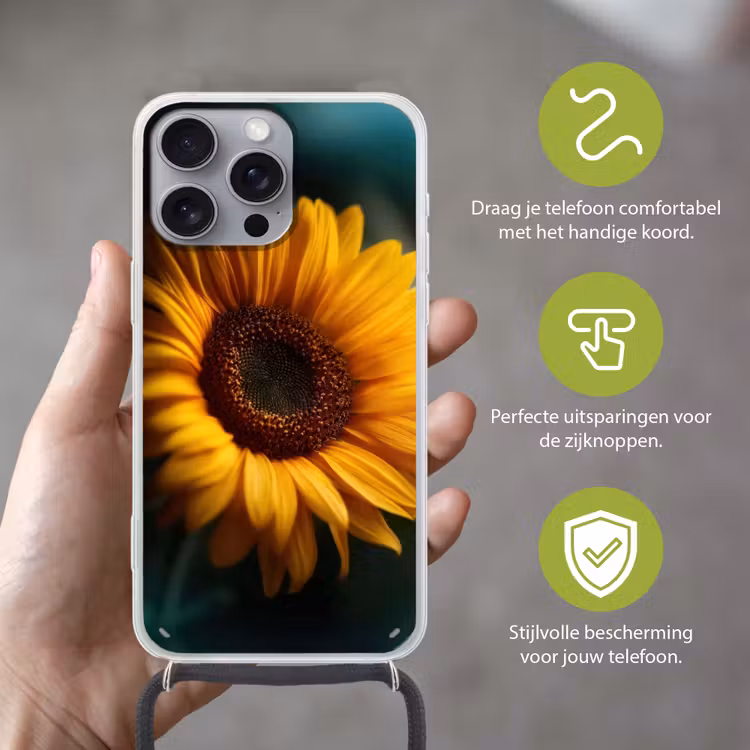 Geel - Zonnebloem - Zomers Hoesje iPhone 16 Pro Max met koord klein -sfeer2_NL