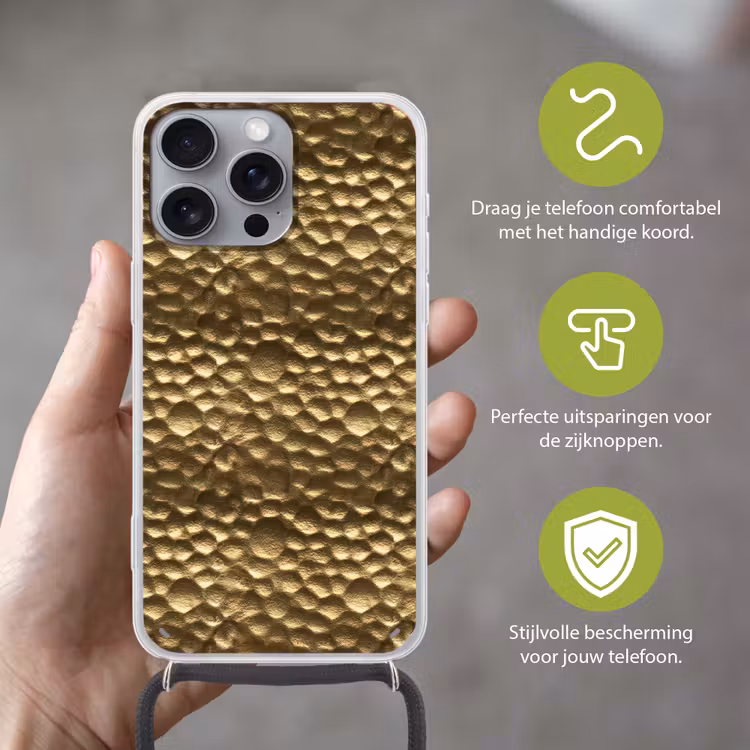 Gehamerd - Reliëf - Textuur - Bronsgoud Hoesje iPhone 16 Pro Max met koord klein 804 -sfeer2_NL