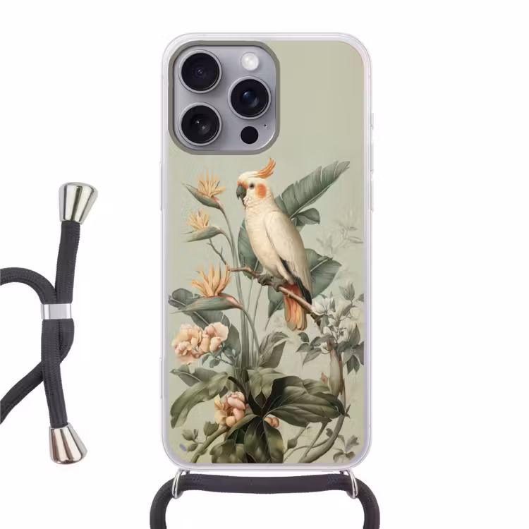 Gele kuifkaketoe - paradijsvogelbloemen - Groen Hoesje iPhone 16 Pro Max met koord klein -3d