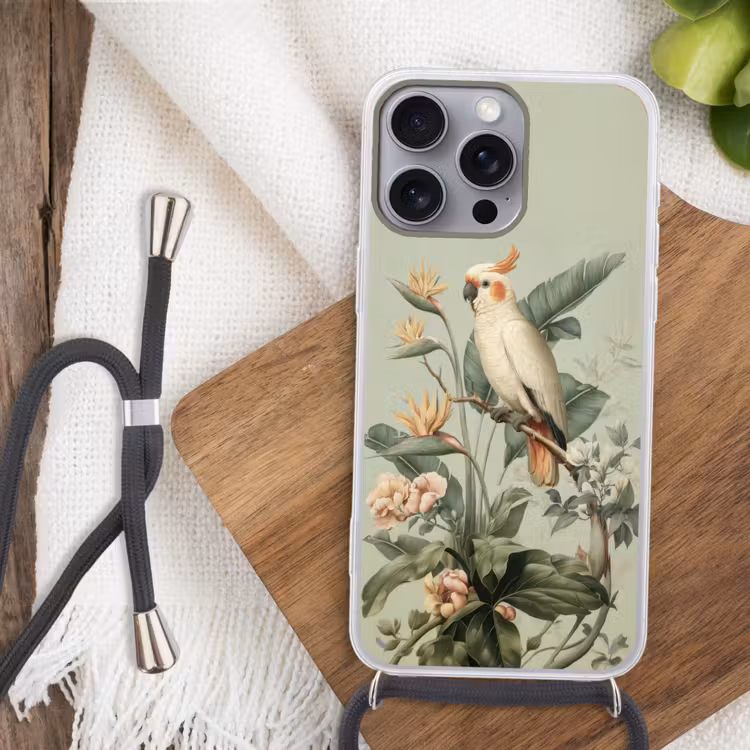 Gele kuifkaketoe - paradijsvogelbloemen - Groen Hoesje iPhone 16 Pro Max met koord klein -sfeer4