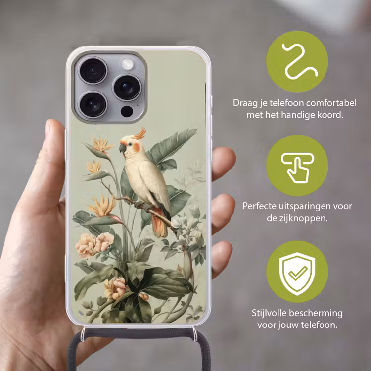 Gele kuifkaketoe - paradijsvogelbloemen - Groen Hoesje iPhone 16 Pro Max met koord klein -sfeer2_NL