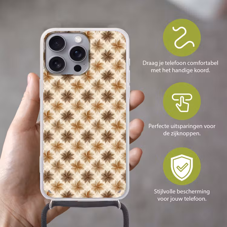 Geografisch - Patroon - Bruin Hoesje iPhone 16 Pro Max met koord klein 804 -sfeer2_NL