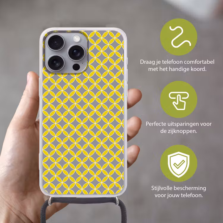 Geometrisch - Cirkels - Modern - Grijs - Geel Hoesje iPhone 16 Pro Max met koord klein 804 -sfeer2_NL