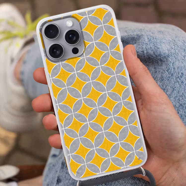 Geometrisch - Cirkels - Textuur - Grijs - Geel Hoesje iPhone 16 Pro Max met koord klein 804 -sfeer3