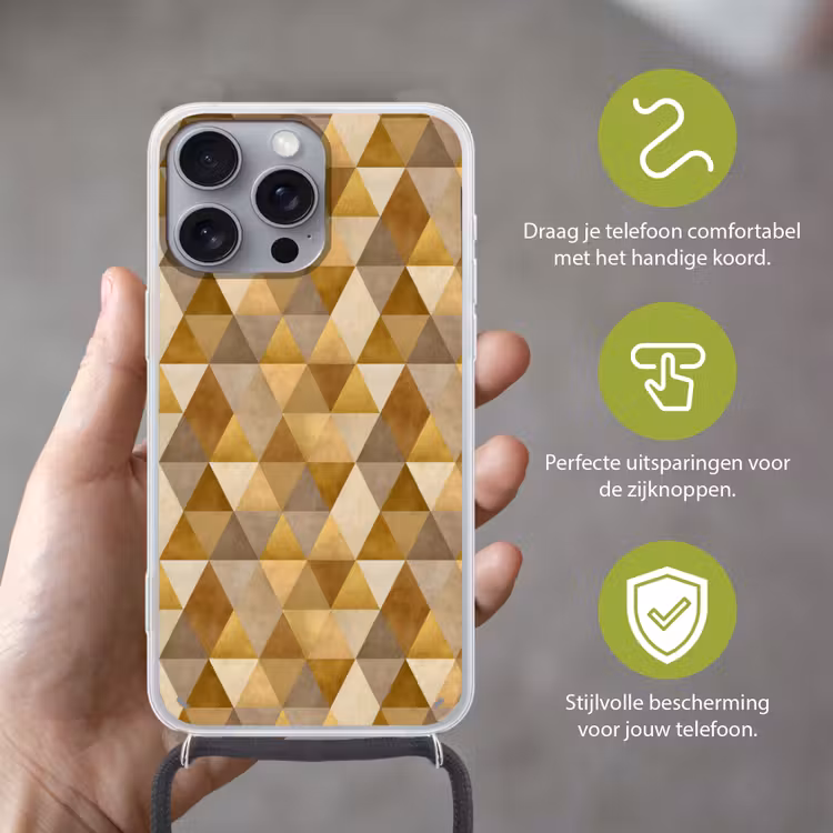 Geometrisch - Driehoek - Goud Hoesje iPhone 16 Pro Max met koord klein 804 -sfeer2_NL