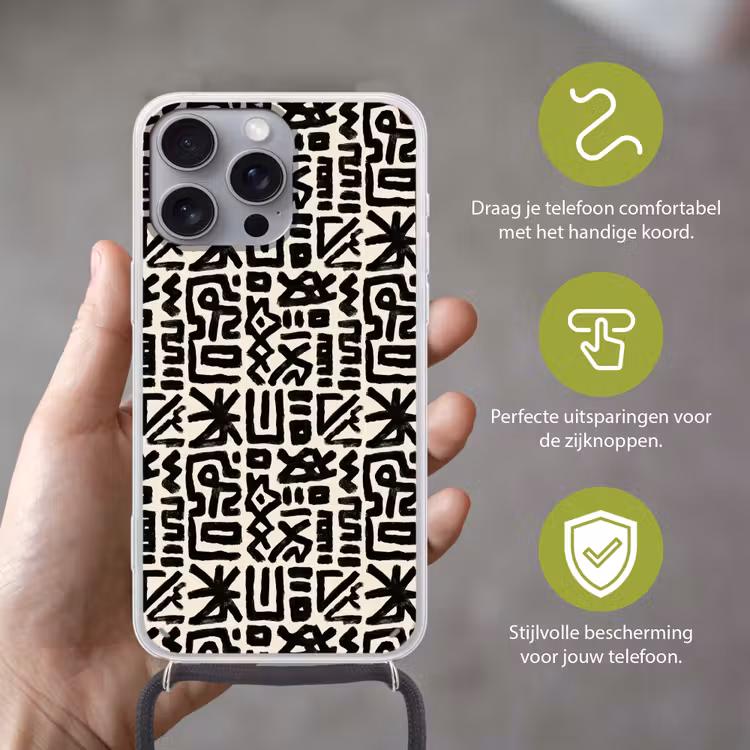 Geometrisch - Figuren - Zwart Hoesje iPhone 16 Pro Max met koord klein 804 -sfeer2_NL