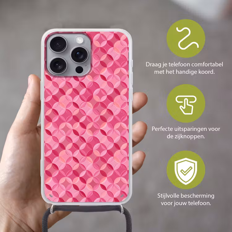 Geometrisch - Mozaïek - Modern - Roze Hoesje iPhone 16 Pro Max met koord klein 804 -sfeer2_NL