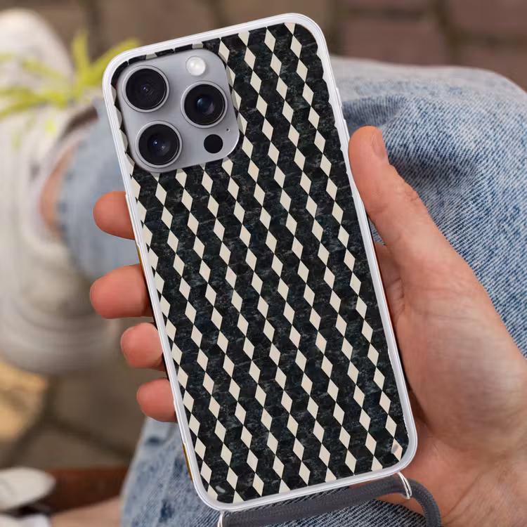 Geometrisch - Patroon - Marmer - Groen Hoesje iPhone 16 Pro Max met koord klein 804 -sfeer3