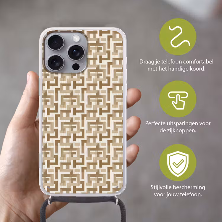 Geometrisch - Retro - Bruin Hoesje iPhone 16 Pro Max met koord klein 804 -sfeer2_NL