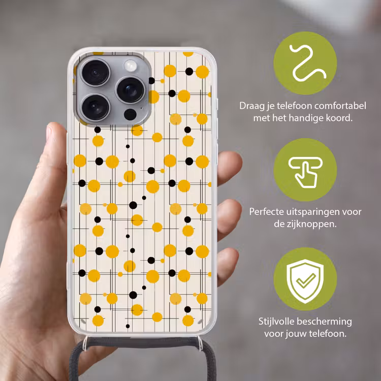 Geometrisch - Retro - Lijnen - Okergeel - Zwart Hoesje iPhone 16 Pro Max met koord klein 804 -sfeer2_NL