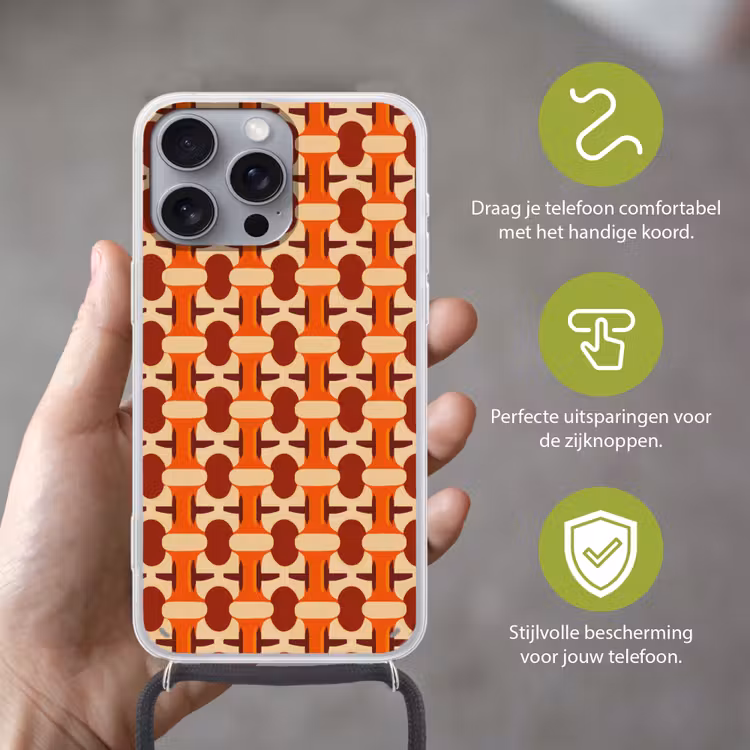 Geometrisch - Retro - Oranje Hoesje iPhone 16 Pro Max met koord klein 804 -sfeer2_NL
