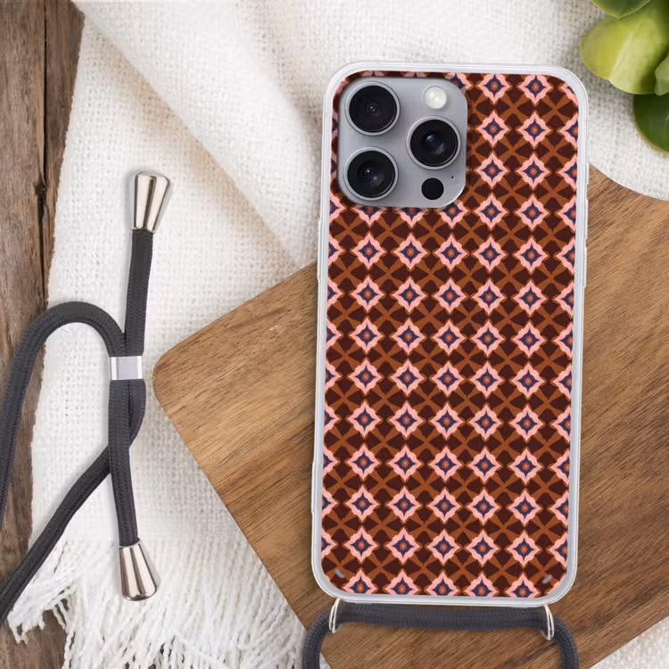 Geometrisch - Sierlijk - Bruin Hoesje iPhone 16 Pro Max met koord klein 804 -sfeer4