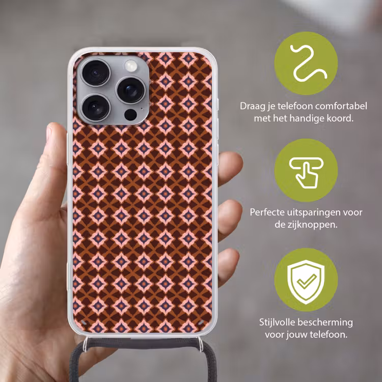 Geometrisch - Sierlijk - Bruin Hoesje iPhone 16 Pro Max met koord klein 804 -sfeer2_NL