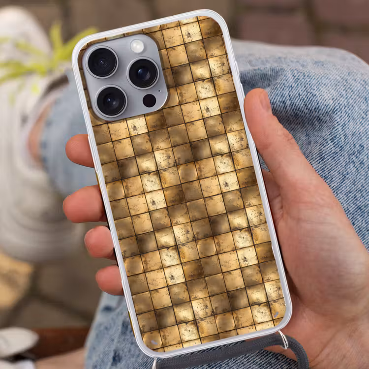 Geometrisch - Tegels - Goud Hoesje iPhone 16 Pro Max met koord klein 804 -sfeer3