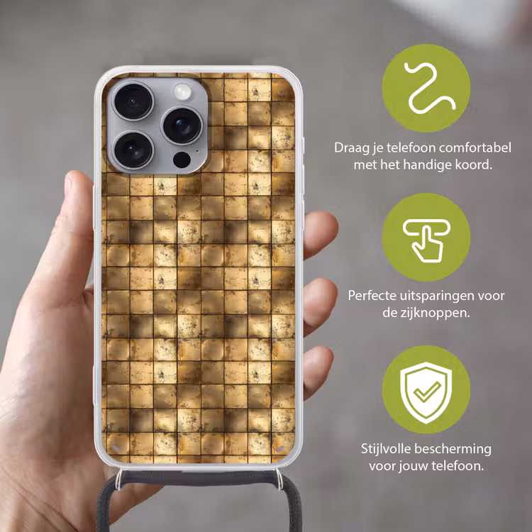 Geometrisch - Tegels - Goud Hoesje iPhone 16 Pro Max met koord klein 804 -sfeer2_NL