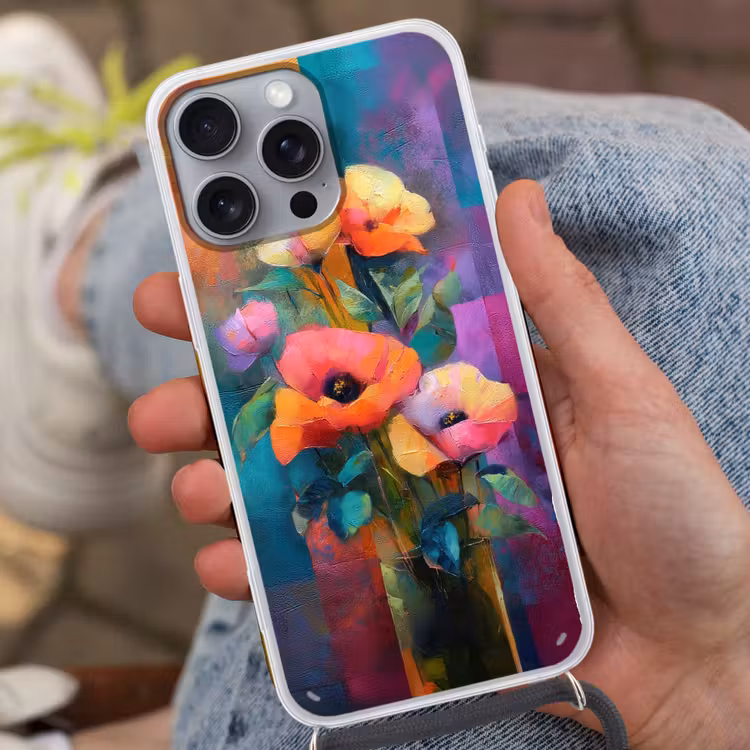 Geometrische kleurvlaken - Modern - Fantasiebloemen Hoesje iPhone 16 Pro Max met koord klein -sfeer3
