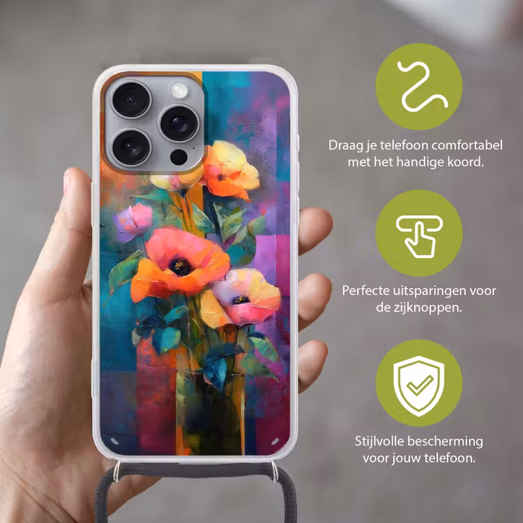 Geometrische kleurvlaken - Modern - Fantasiebloemen Hoesje iPhone 16 Pro Max met koord klein -sfeer2_NL