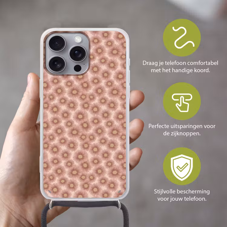 Gerbera - Bloemen - Roze Hoesje iPhone 16 Pro Max met koord klein 804 -sfeer2_NL