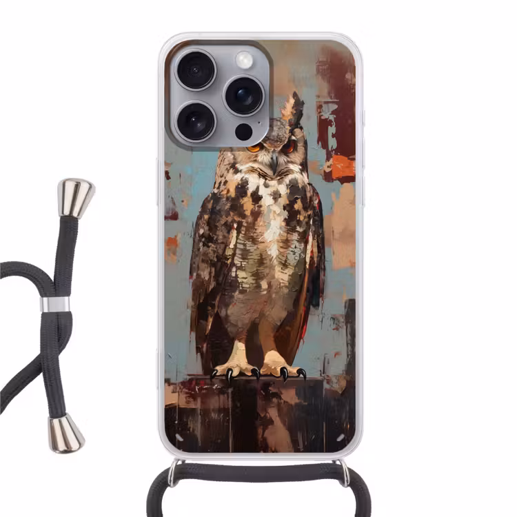 Geschilderd - Abstract - Uil - Bruin Hoesje iPhone 16 Pro Max met koord klein -3d