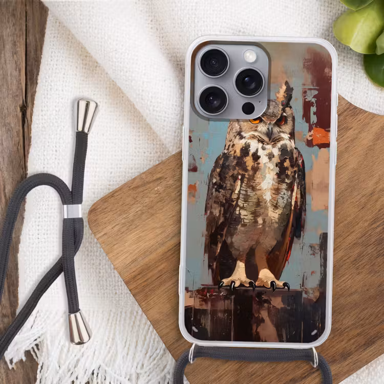 Geschilderd - Abstract - Uil - Bruin Hoesje iPhone 16 Pro Max met koord klein -sfeer4