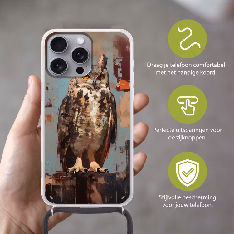 Geschilderd - Abstract - Uil - Bruin Hoesje iPhone 16 Pro Max met koord klein -sfeer2_NL