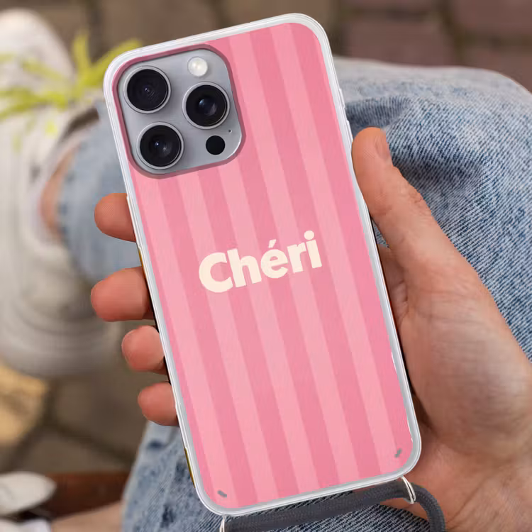 Gestreept - Roze - Chéri Hoesje iPhone 16 Pro Max met koord klein -sfeer3