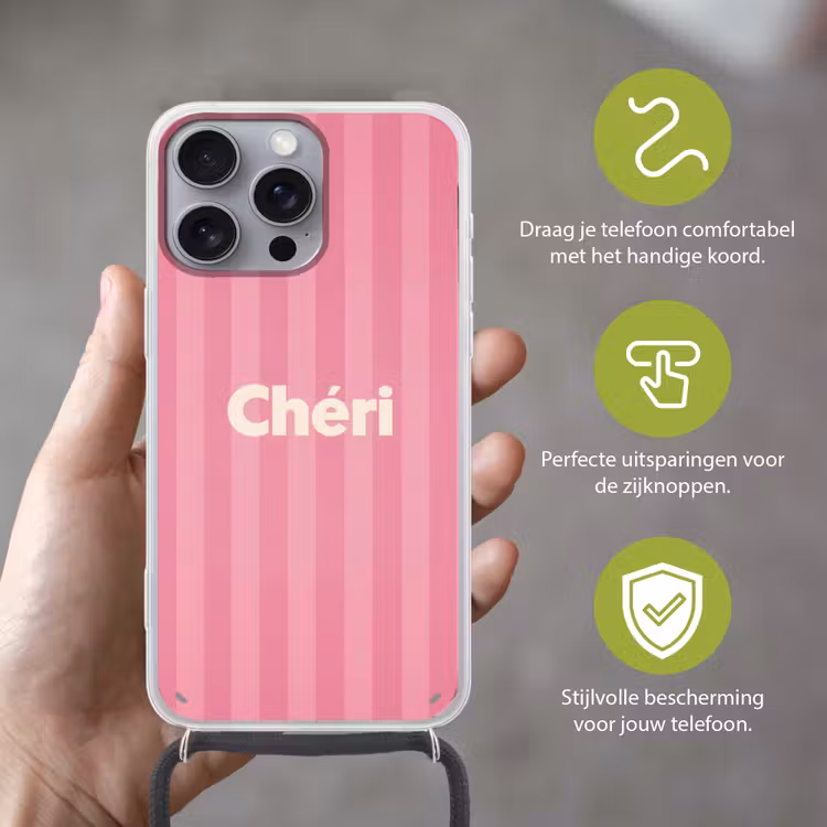 Gestreept - Roze - Chéri Hoesje iPhone 16 Pro Max met koord klein -sfeer2_NL